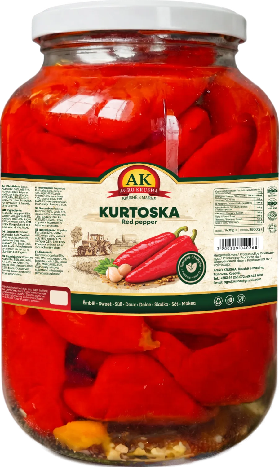 Ein 1400-g-Glas Kurtoska, rote Paprika eingelegt, mit dem Agro-Krusha-Etikett